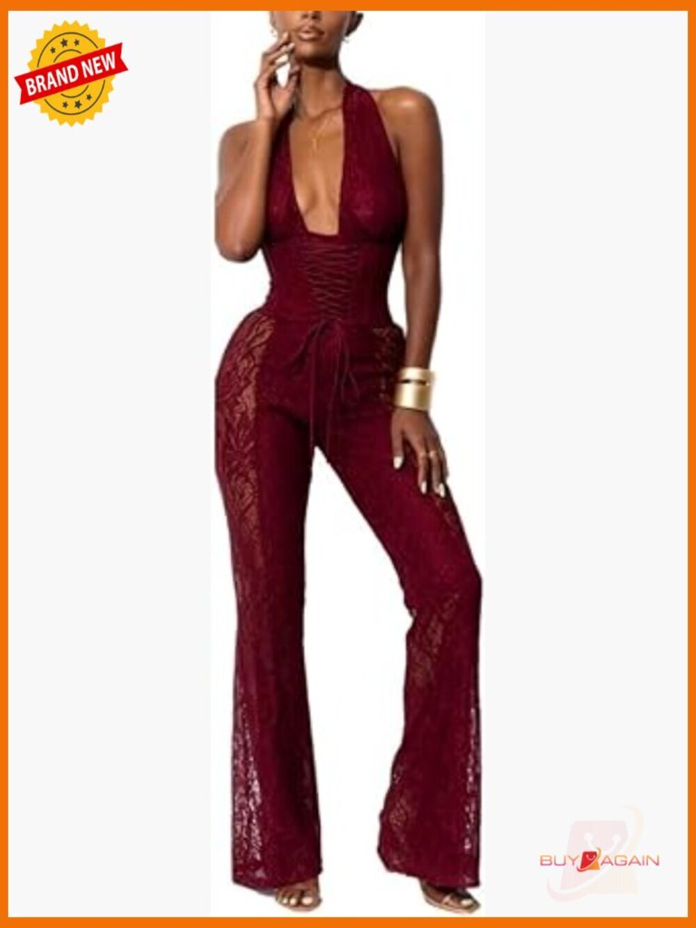Sexy See Through Lace Halter Jumpsuit Deep V Neck Flare Pant